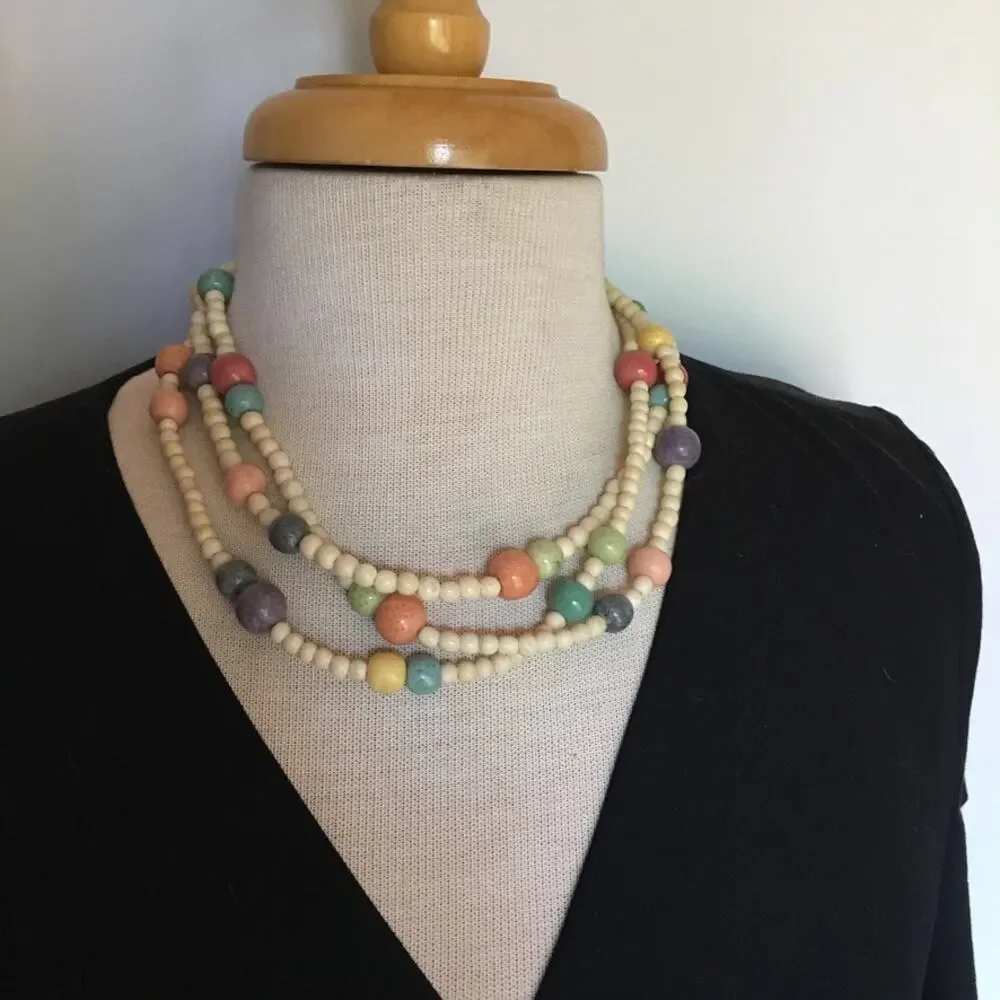 80s style cream and pastel beaded multi-strand necklace